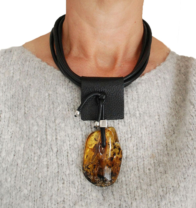 Baltic Amber and Leather Patch Necklace