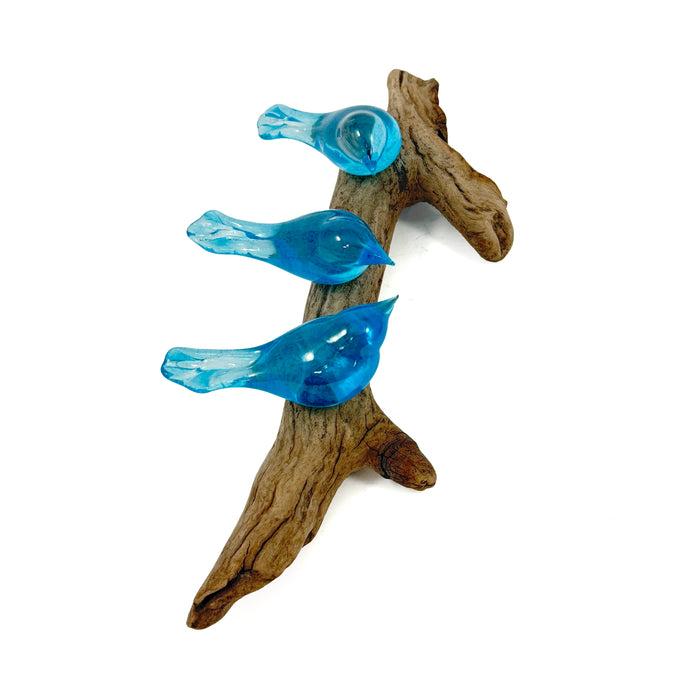 3 Copper Blue Birds on Driftwood
