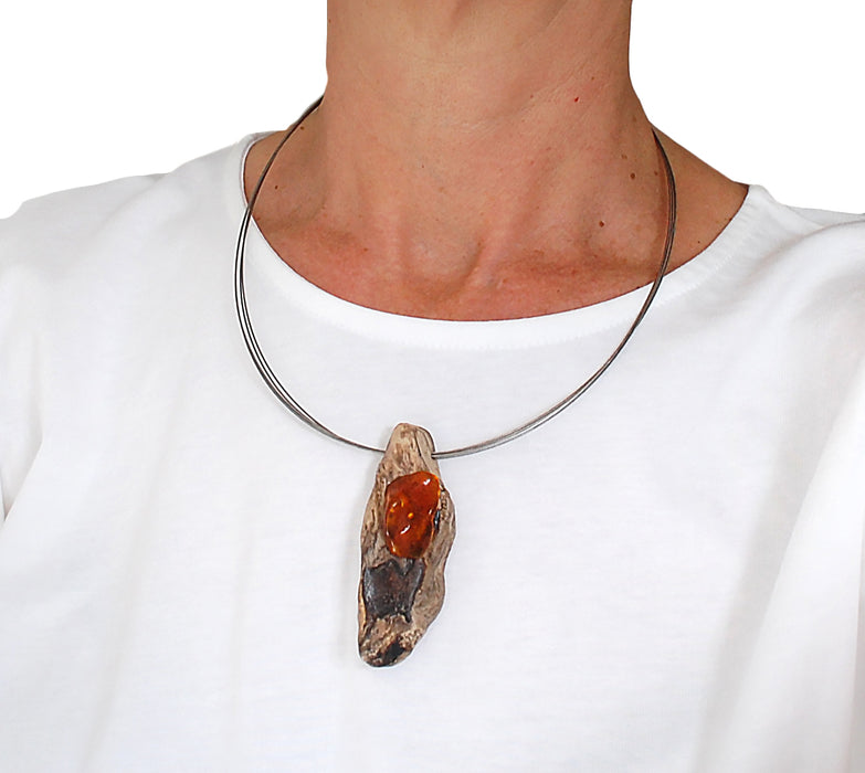 Contemporary Necklace with Driftwood and Amber