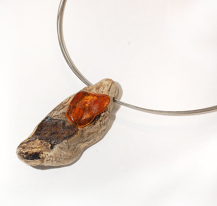 Contemporary Necklace with Driftwood and Amber