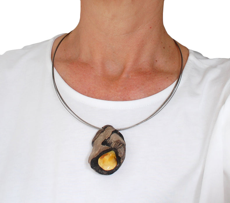 Necklace with Driftwood and Yellow Amber