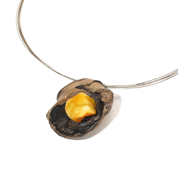 Necklace with Driftwood and Yellow Amber