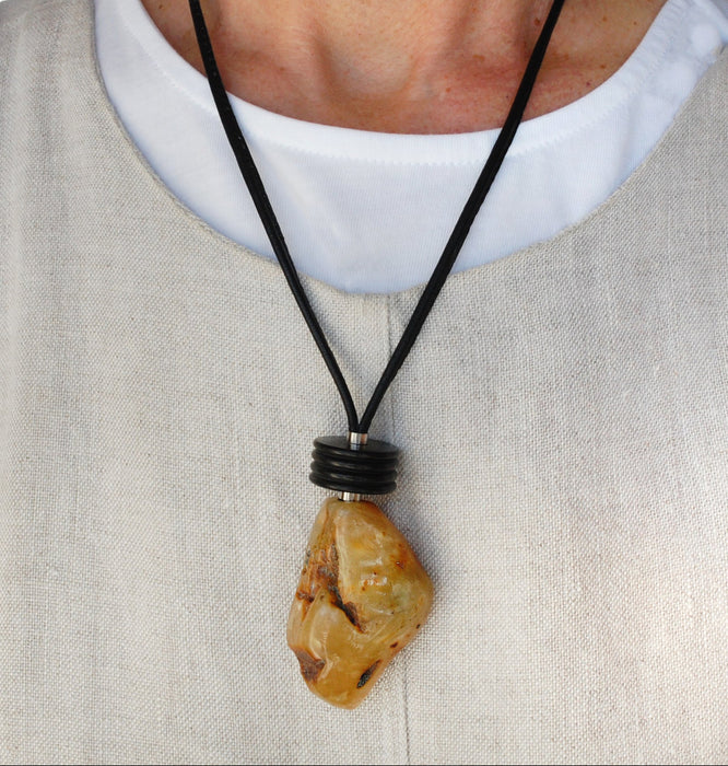 Leather Necklace with Amber Pendant and Coconut Discs