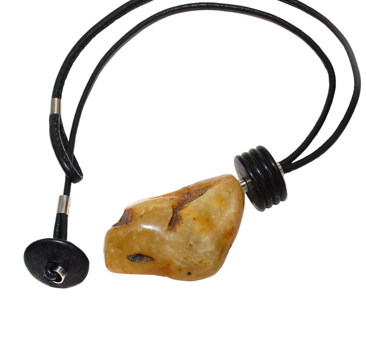 Leather Necklace with Amber Pendant and Coconut Discs