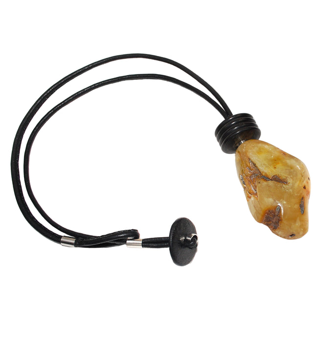 Leather Necklace with Amber Pendant and Coconut Discs