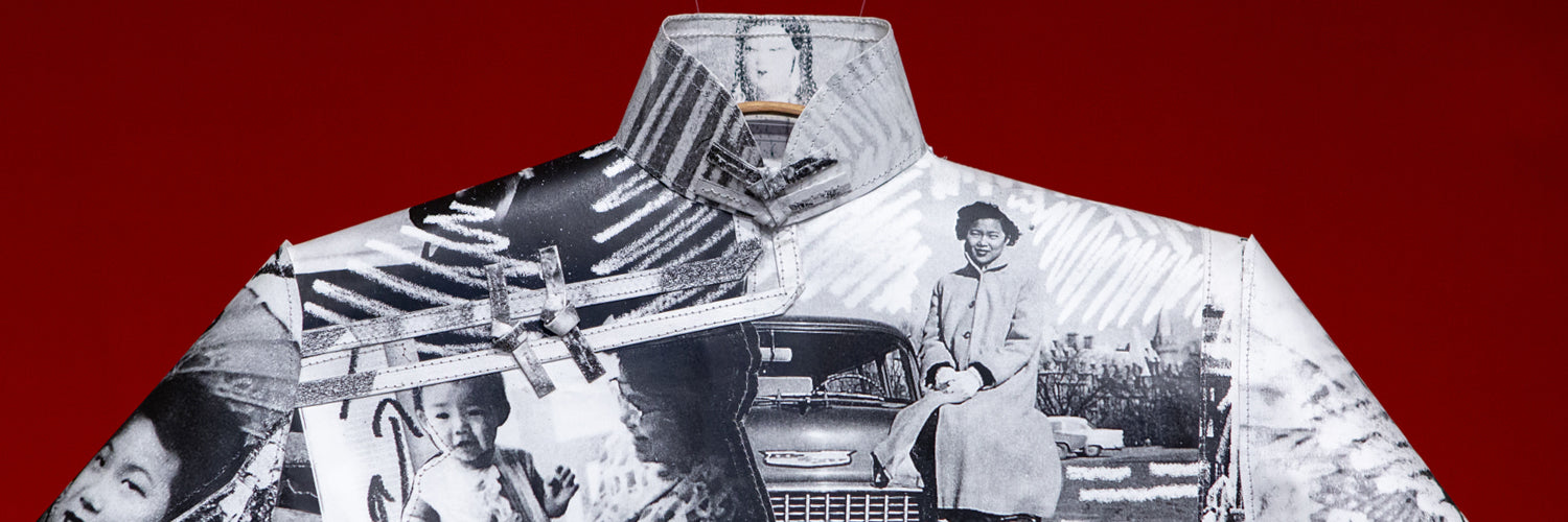 handmade sculptural shirt with photograph printed textile