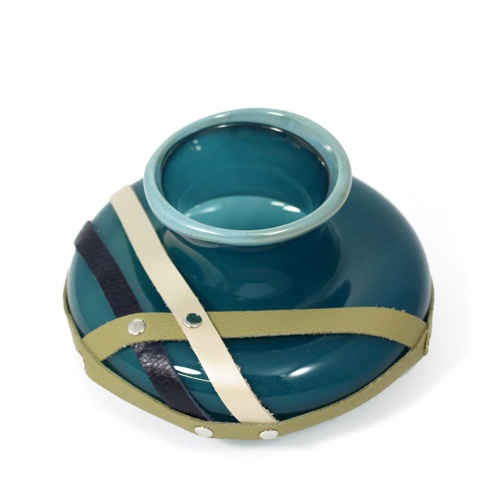 Low Vase with Leather Accents - Teal