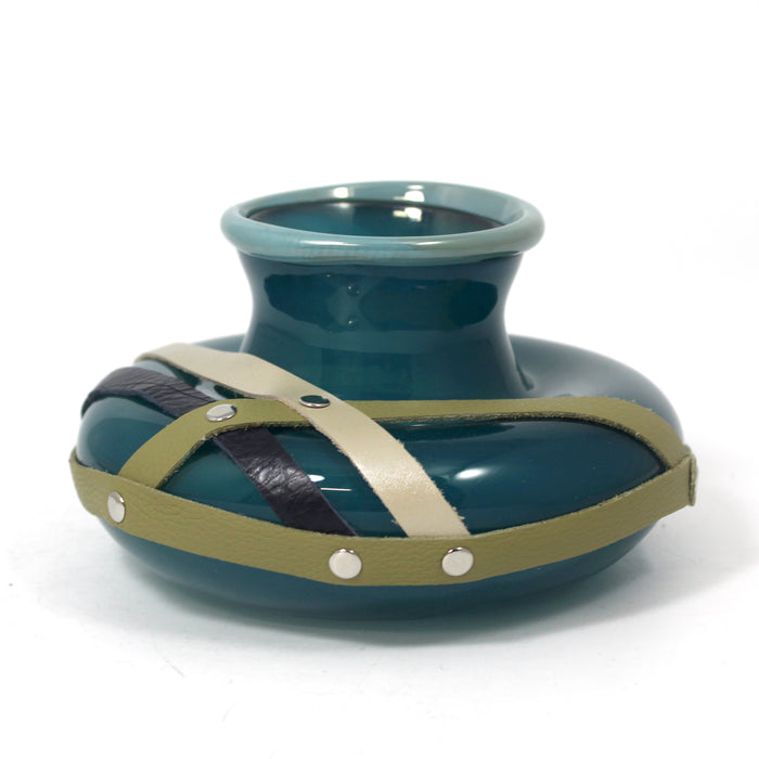 Low Vase with Leather Accents - Teal