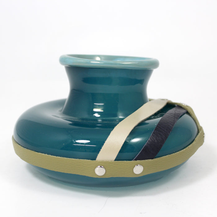 Low Vase with Leather Accents - Teal