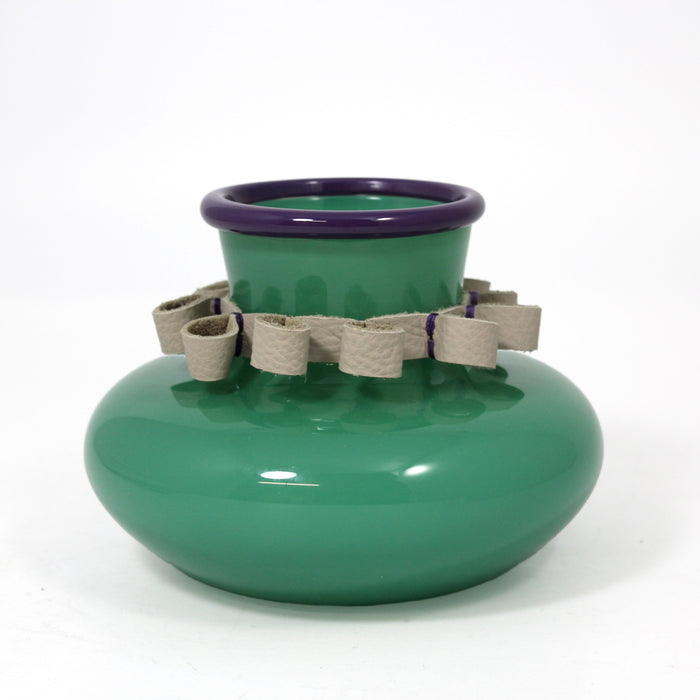 Low Vase with Leather Accents - Green