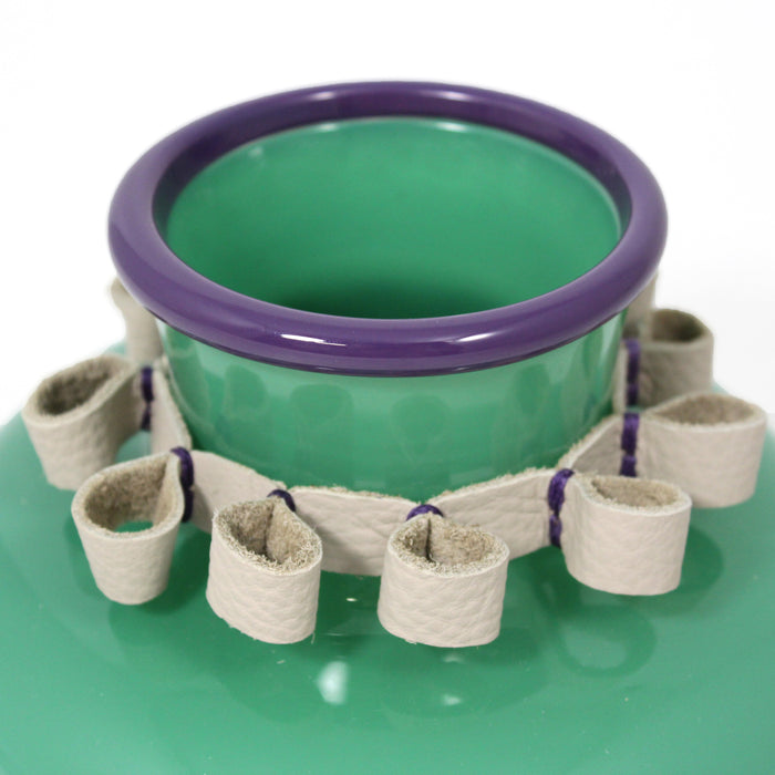Low Vase with Leather Accents - Green