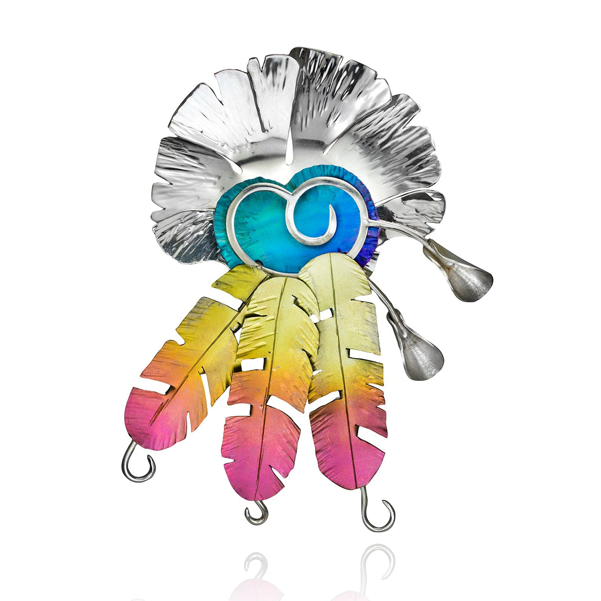 Colorful feather-shaped brooch with a white background