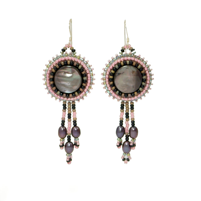 Beaded Shell Stone Earrings with Pearl Pendants