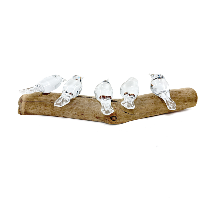 5 Clear Glass Birds on Driftwood