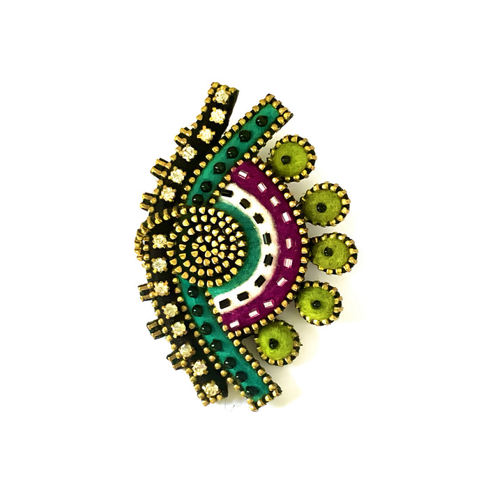 Abstract Fan Brooch With Green Beads