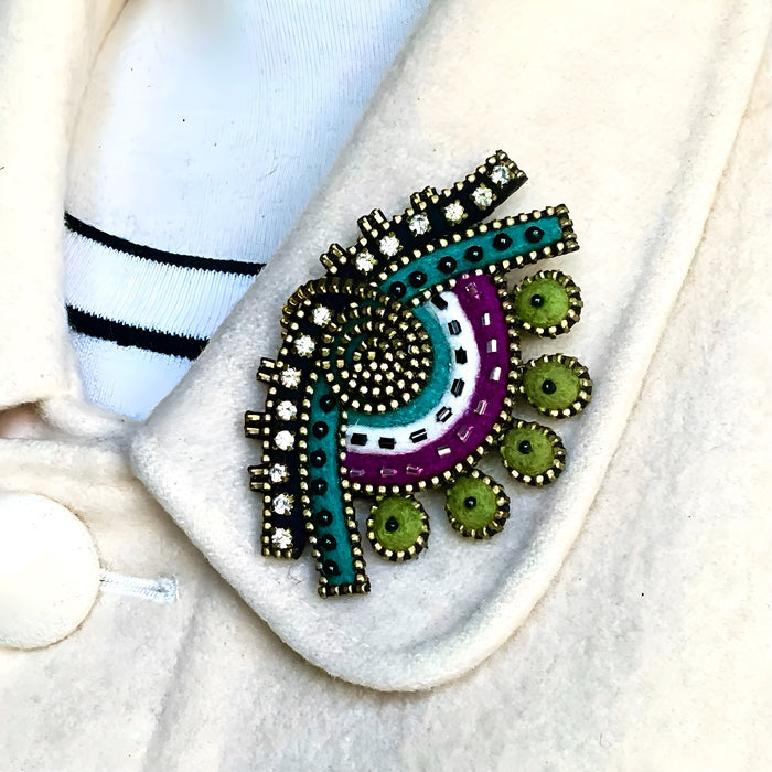 Abstract Fan Brooch With Green Beads