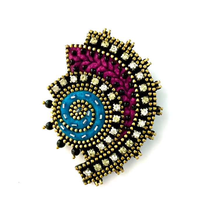 Abstract Fan Brooch With Turquoise Swirl