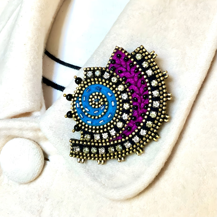 Abstract Fan Brooch With Turquoise Swirl