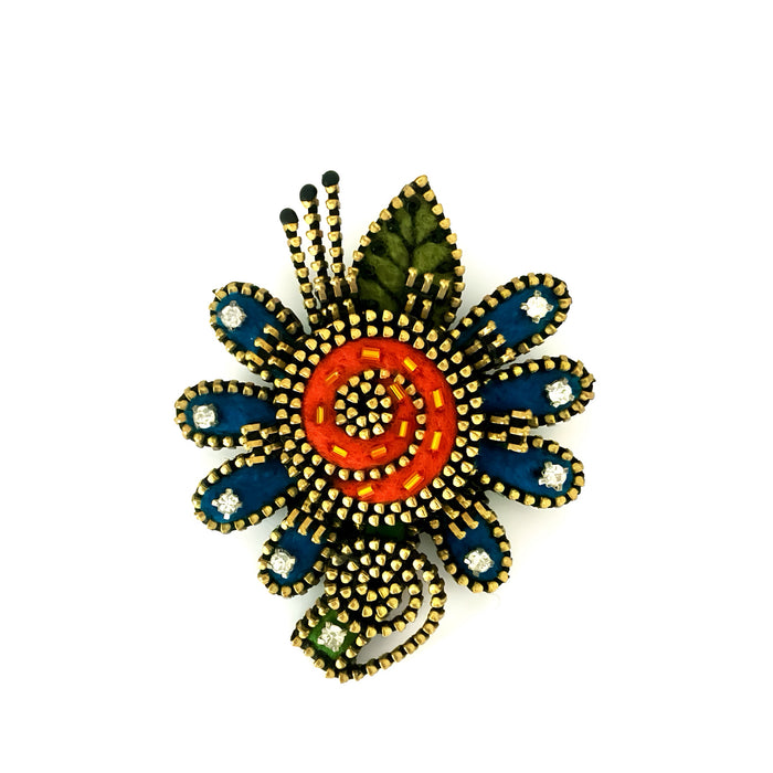 Abstract Flower Brooch With Orange Swirl