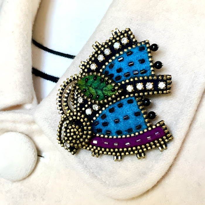 Abstract Turquoise Flower Brooch With Leaf