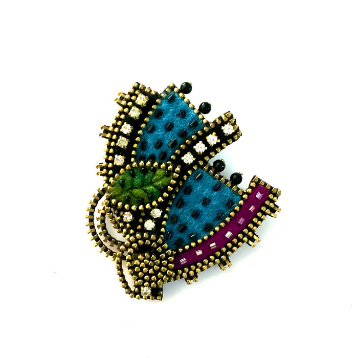 Abstract Turquoise Flower Brooch With Leaf