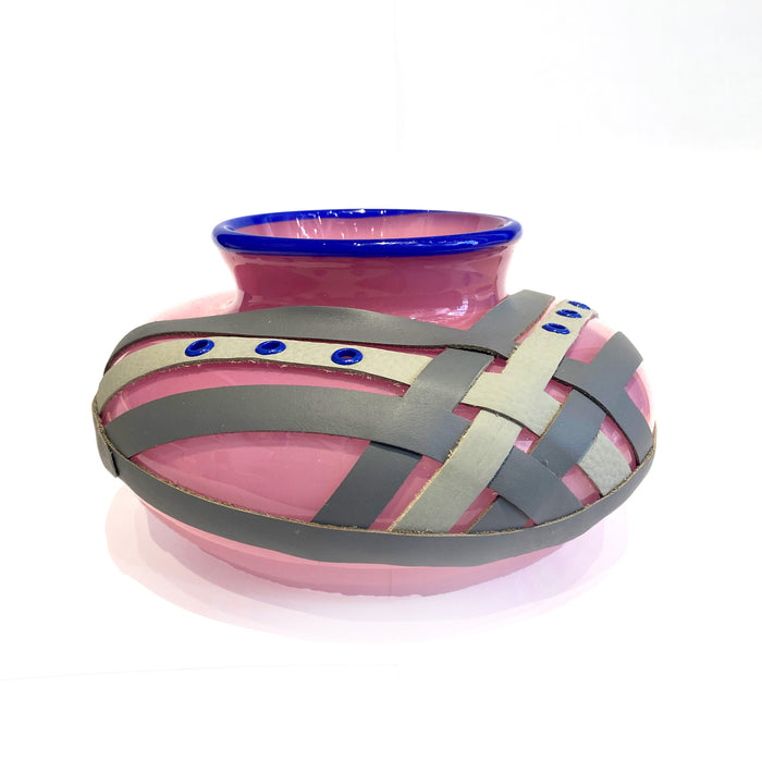 Low Vase with Leather Accents - Pink