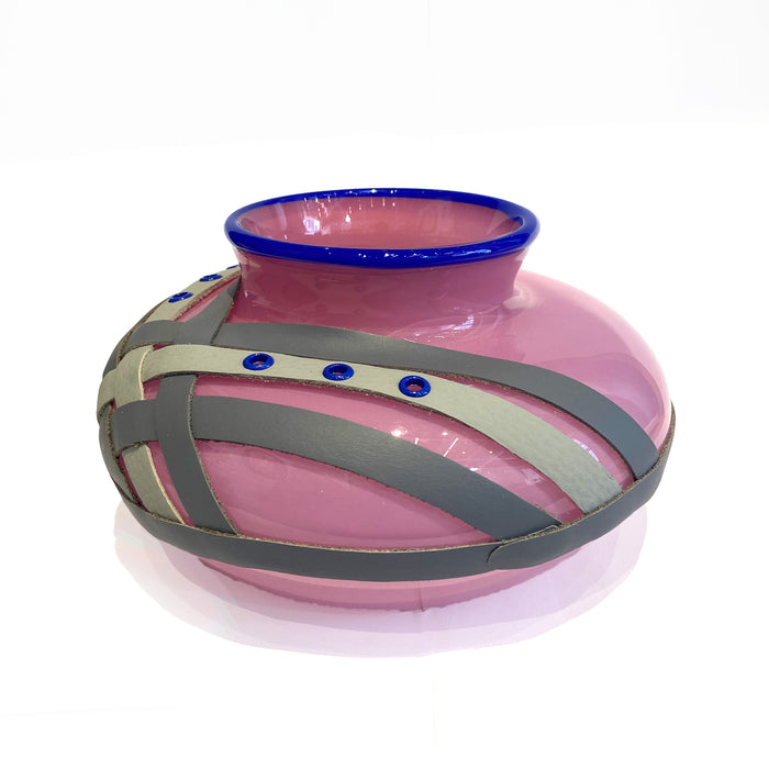 Low Vase with Leather Accents - Pink