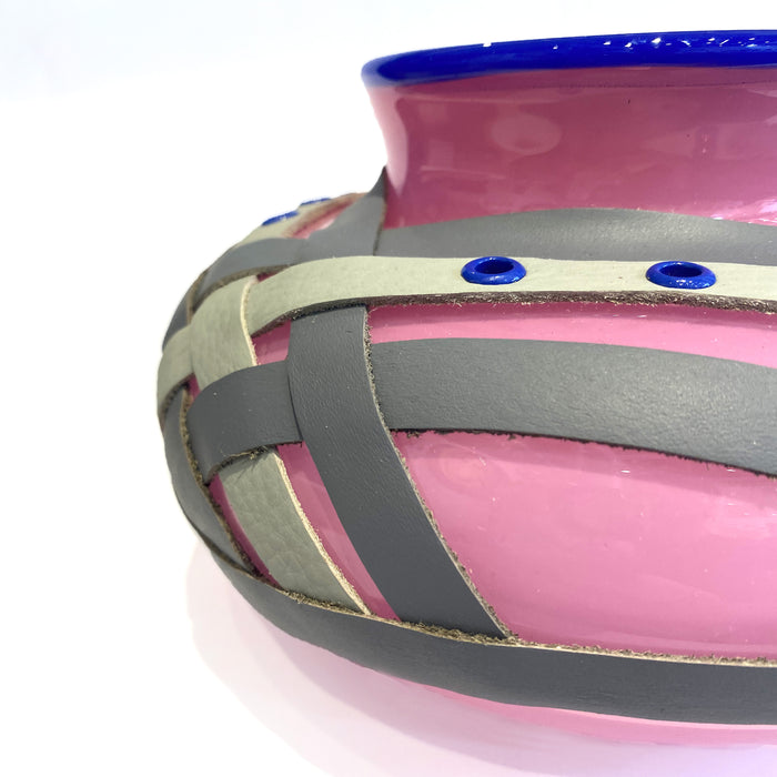 Low Vase with Leather Accents - Pink