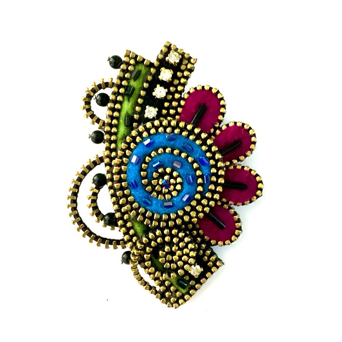 Turquoise and Magenta Abstract Flower Brooch