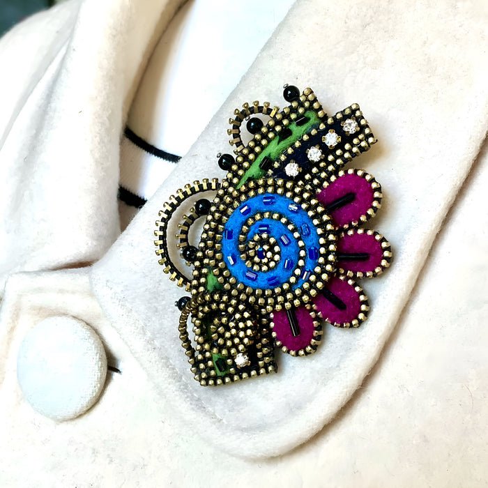 Turquoise and Magenta Abstract Flower Brooch