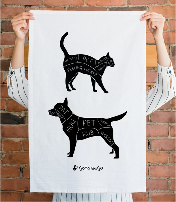 Cat and Dog Petting Guide Tea Towel