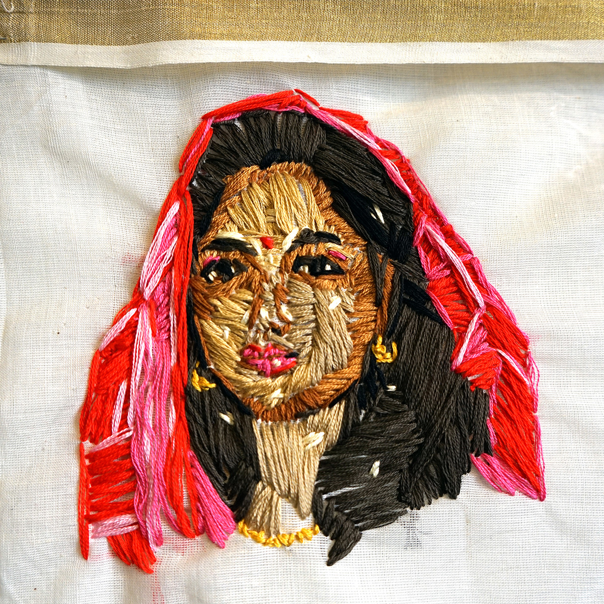 Par Nair her stories were blue 1 detail 2023 Hand embroidery on kasavu mundu. 14  x 14  Photo by Em Moor