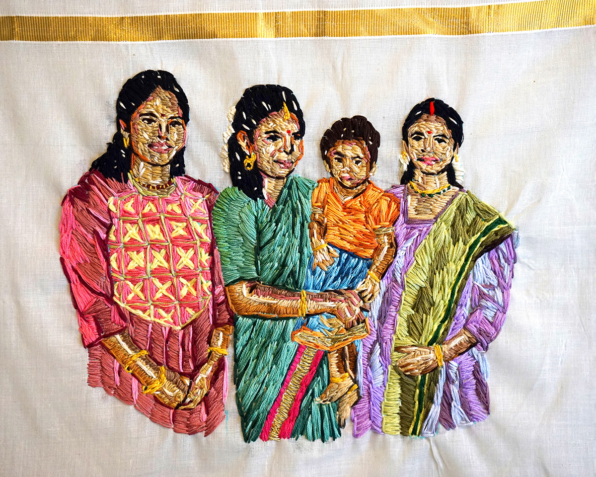 Par Nair her stories were blue 4 2023 Hand embroidery on kasavu mundu 21  x 19  Photo by Em Moor